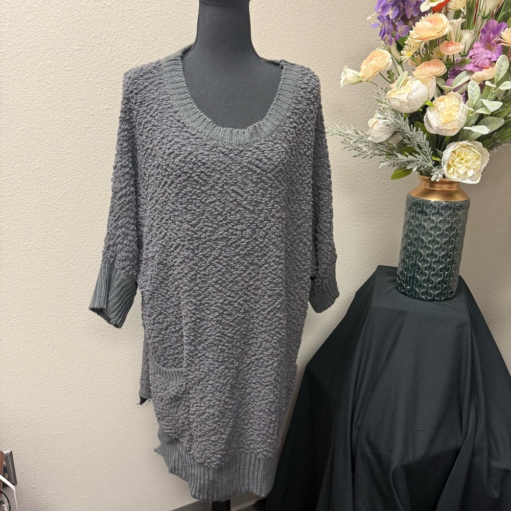 Umgee Plus 2XL Gray Textured Knit Tunic Sweater Cozy Fall Oversized Pullover